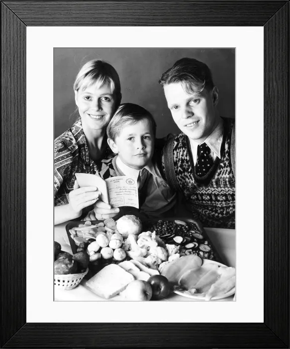Framed Print : World War Two - Food Ration Book family with typical diet