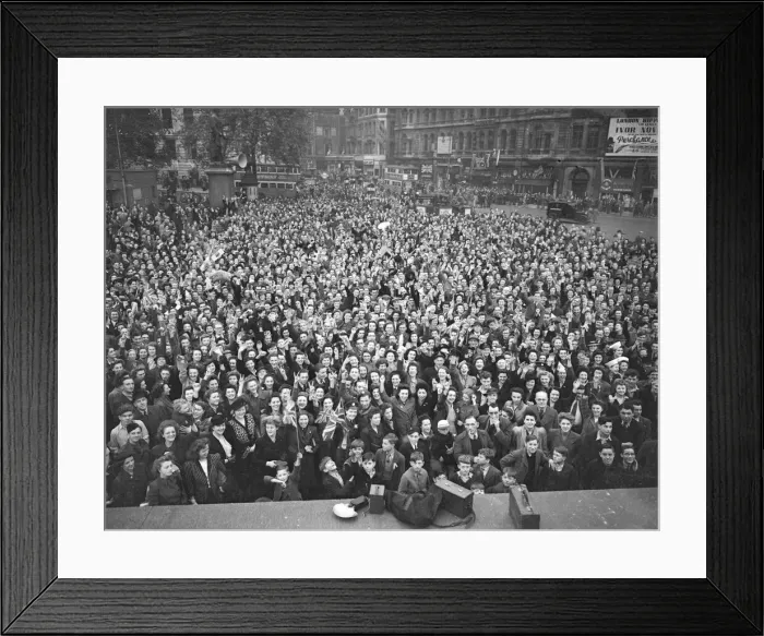 Framed Print : At 3pm on 8 May 1945, Prime Minister, Winston Churchill announced that the war in Europe Framed Print : At 3pm on 8 May 1945, Prime Minister, Winston Churchill announced that the war in Europe