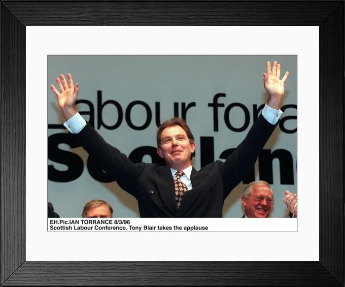 Framed Print : Tony Blair arms outstretched thanking Scottish Labour Conference applause. 1996 Framed Print : Tony Blair arms outstretched thanking Scottish Labour Conference applause. 1996