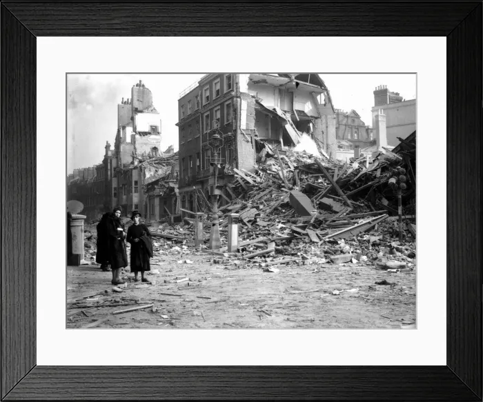 Framed Print : WW2 Air Raid Damage Bomb damage in London People survey the damaged buildings Framed Print : WW2 Air Raid Damage Bomb damage in London People survey the damaged buildings