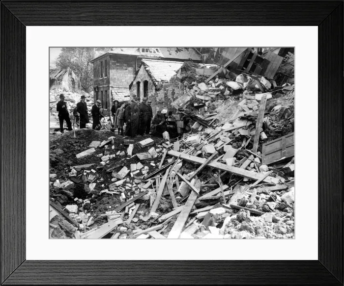 Framed Print : WW2 Air Raid Damage Bomb damage at Bath Rescue workers search through rubble