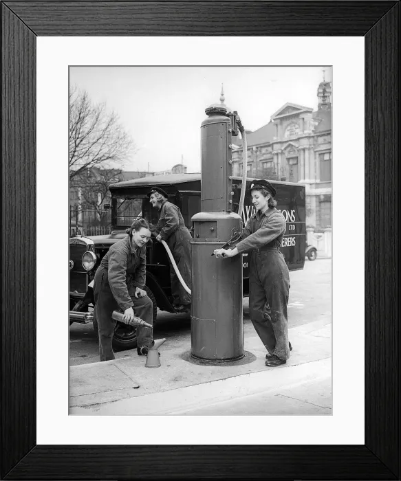 Framed Print : Women Garage Workers filling van with petrol in 1941 women doing mens jobs during Framed Print : Women Garage Workers filling van with petrol in 1941 women doing mens jobs during