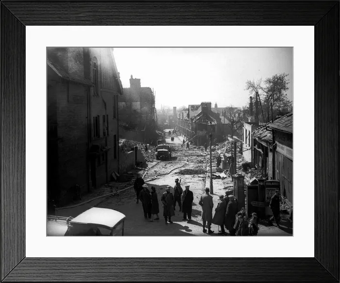 Framed Print : WW2 Bomb Damage in York. A street lies demolished by bombing Framed Print : WW2 Bomb Damage in York. A street lies demolished by bombing