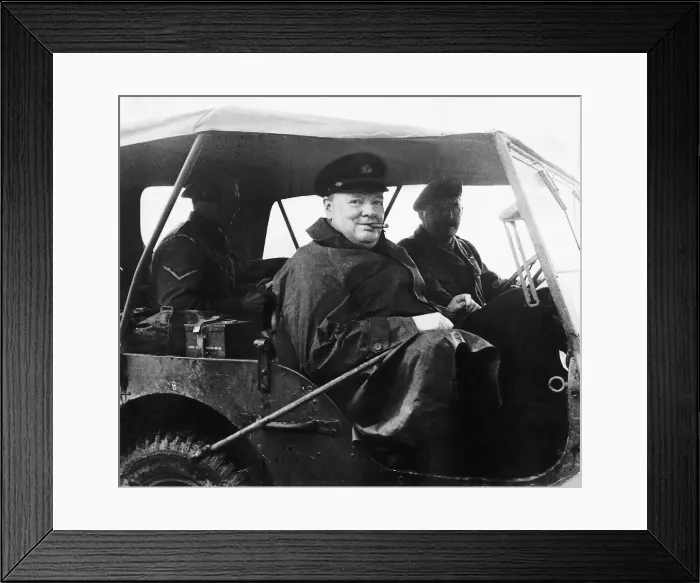 Framed Print : Winston Churchill visiting Normandy in jeep with cigar in mouth. June 1944 Framed Print : Winston Churchill visiting Normandy in jeep with cigar in mouth. June 1944