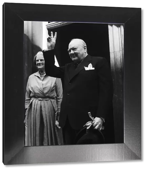 Prime Minister Winston Churchill at Number 10 Making V sign 1952