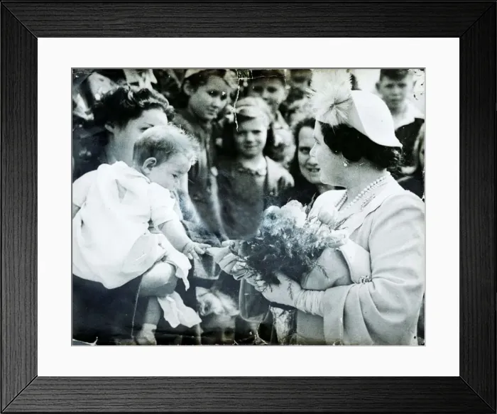 Framed Print : Queen Mother Visits 1945 touring areas hit by bombing of V2 Rocket during WW2 Framed Print : Queen Mother Visits 1945 touring areas hit by bombing of V2 Rocket during WW2