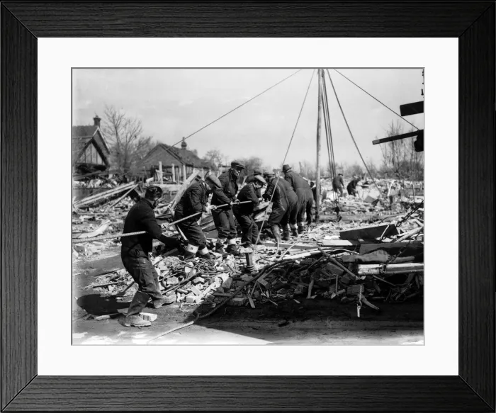 Framed Print : WW2 Air Raid Damage Bomb damage at Chigwell A group of men working together
