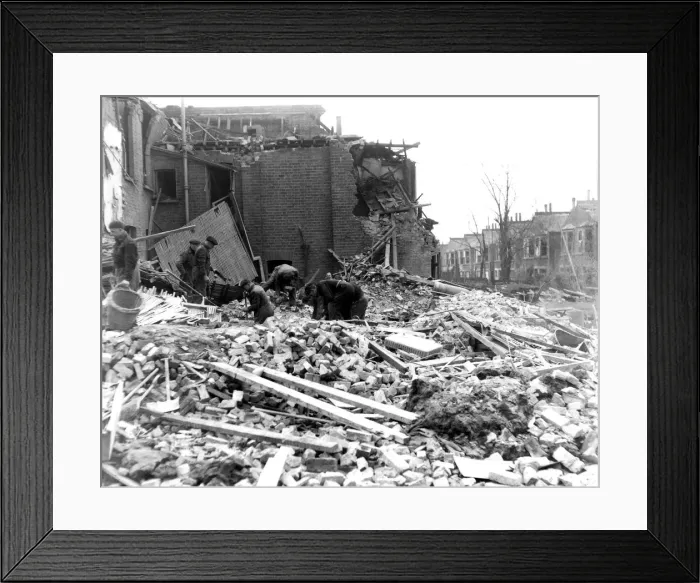 Framed Print : WW2 Air Raid Damage Brockley London Rocket raid at Brockley rescue workers
