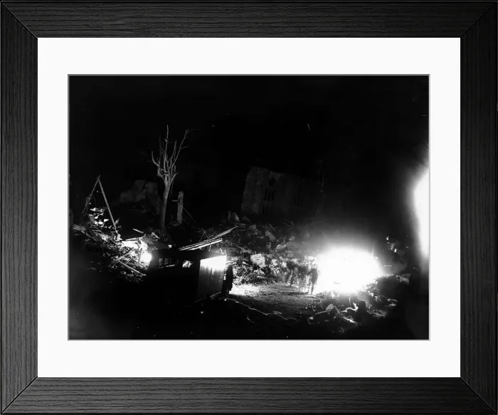 Framed Print : WW2 Air Raid V1 Bomb Damage July 1944 Rescue workers use flood lights to search Framed Print : WW2 Air Raid V1 Bomb Damage July 1944 Rescue workers use flood lights to search