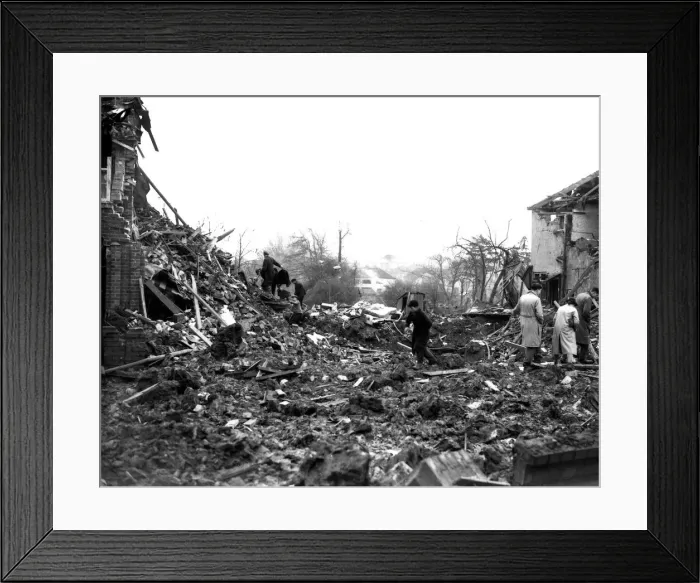 Framed Print : WW2 Air Raid Damage Bristol Civilians searching through rubble of their bomb