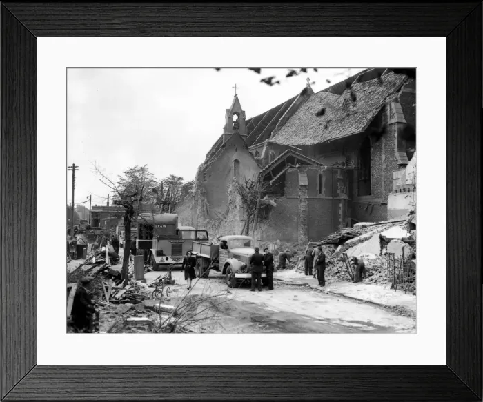 Framed Print : WW2 Air Raid Damage Kent Air raid damage at Kent in Ashford - a house is near Framed Print : WW2 Air Raid Damage Kent Air raid damage at Kent in Ashford - a house is near
