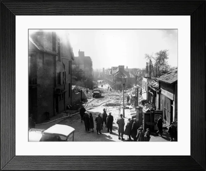 Framed Print : WW2 Air Raid Damage York Bomb damage at York - people standing in the street Framed Print : WW2 Air Raid Damage York Bomb damage at York - people standing in the street