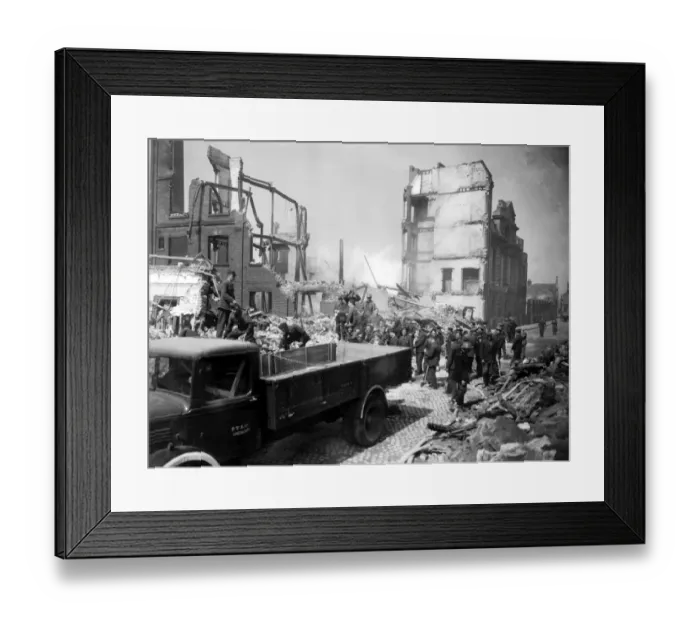 Framed Print : WW2 Air Raid Damage Norwich Bomb damage at Norwich Rescue workers at a bombed