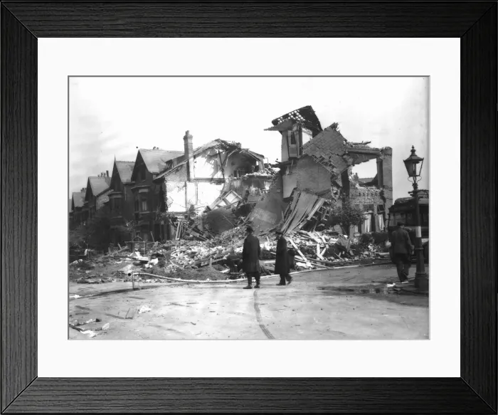 Framed Print : WW2 Air Raid Damage Bomb damage at Liverpool Two police men survey the damage Framed Print : WW2 Air Raid Damage Bomb damage at Liverpool Two police men survey the damage