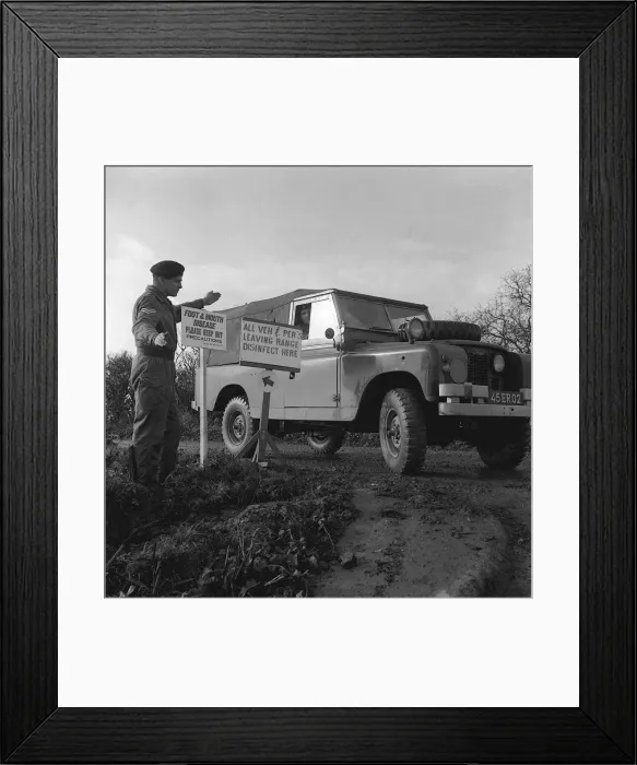 Framed Print : Foot and Mouth Disease Outbreak November1967 A soldier being directed to wash down Framed Print : Foot and Mouth Disease Outbreak November1967 A soldier being directed to wash down
