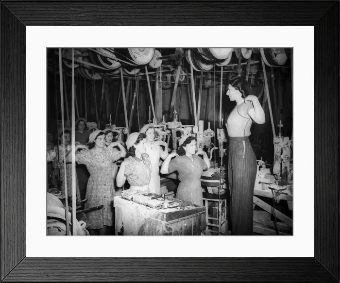 Framed Print : Women doing Physical excercises in a Factory before starting work in a factory 1941 women