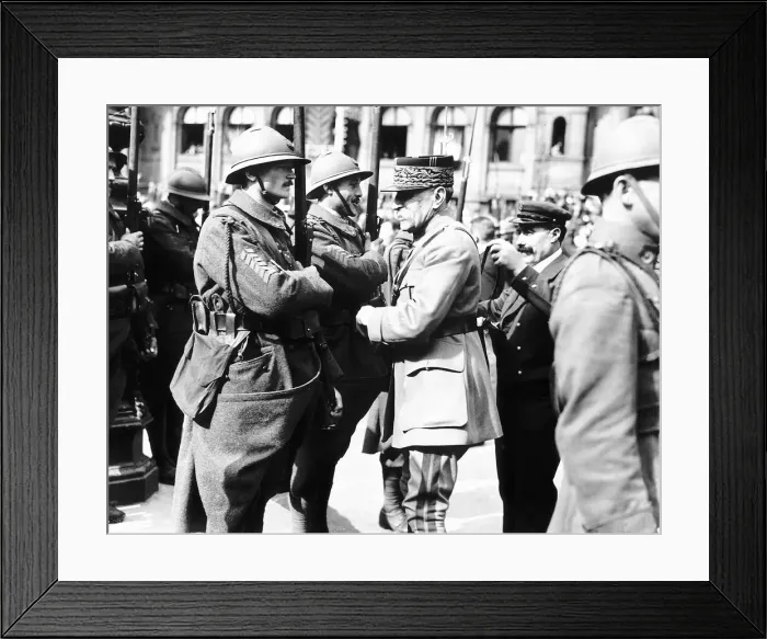 Framed Print : Peace Celebrations in Paris - Marshall Fock decorates a French soldier Framed Print : Peace Celebrations in Paris - Marshall Fock decorates a French soldier