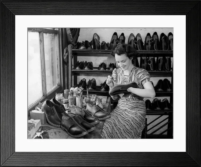 Framed Print : Woman Shoe maker 1941 women doing mens jobs during the war years Women at War WW2