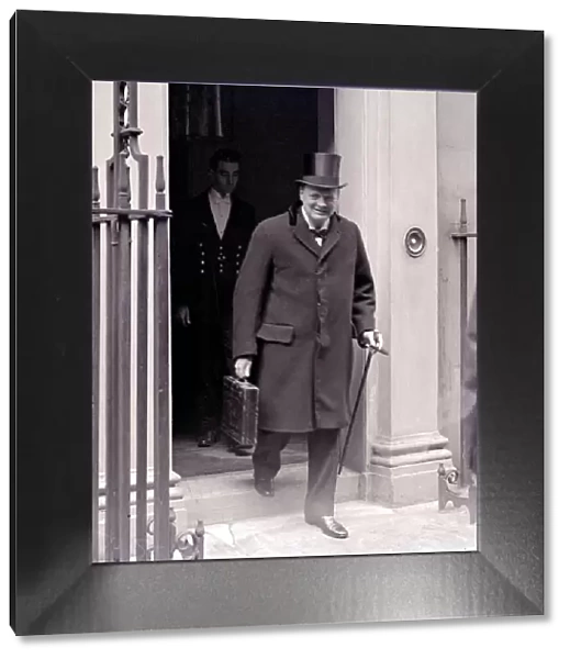 Winston Churchill Leaving No. 11 Downing Street with his budget in his dispatch case April