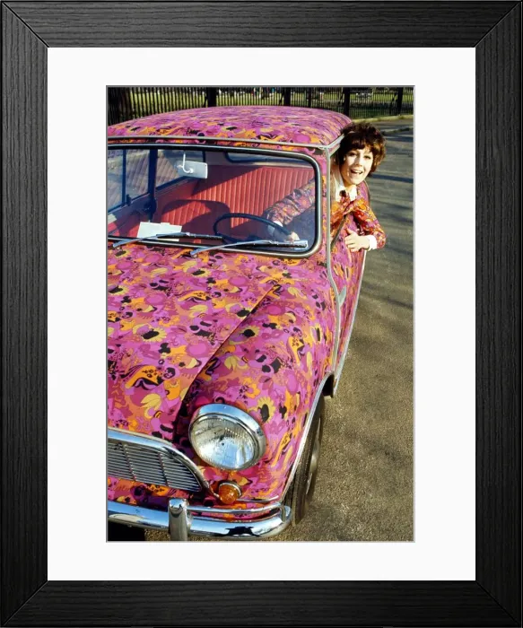 Framed Print : Pink and orange coloured paisley Mini, February 1969 Sandra Ford driving her Framed Print : Pink and orange coloured paisley Mini, February 1969 Sandra Ford driving her