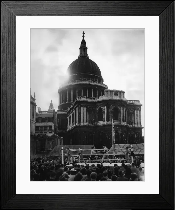 Framed Print : Boxing in the Shadow of St Pauls Cathedral. Firemen built a boxing arena in their spare Framed Print : Boxing in the Shadow of St Pauls Cathedral. Firemen built a boxing arena in their spare