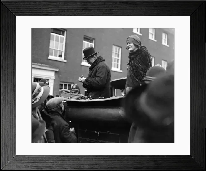 Framed Print : Winston Churchill is seen with his wife Clementine Churchill in an open topped car