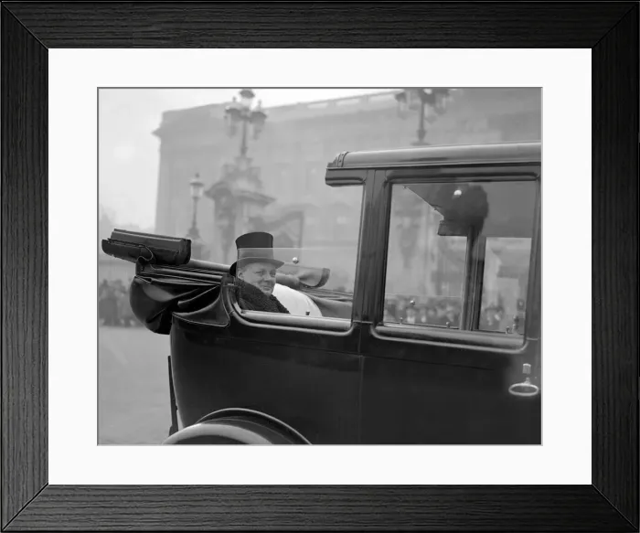 Framed Print : Winston Churchill is seen driving to Buckingham Palace to recieve the seal of Framed Print : Winston Churchill is seen driving to Buckingham Palace to recieve the seal of