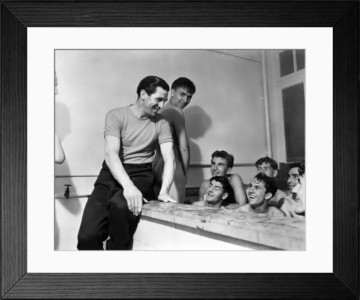 Framed Print : Chelsea football manager Ted Drake talking to his players in the bath