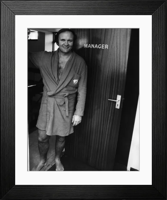Framed Print : Manager Ron Atkinson Manchester United manager seen here in his dressing gown by office Framed Print : Manager Ron Atkinson Manchester United manager seen here in his dressing gown by office