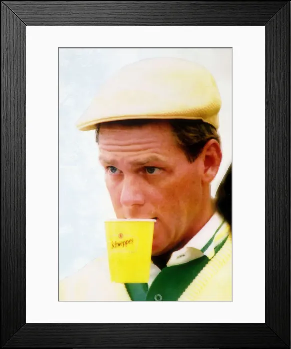 Framed Print : Payne Stewart Golfer July 1990 at St Andrews Scotland - with Schweppes Cup in Mouth