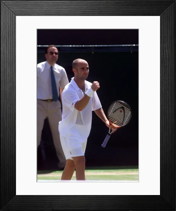 Framed Print : Andre Agassi tennis player at Wimbledon 1999 celebrates victory over Gustavo Kuerten in Framed Print : Andre Agassi tennis player at Wimbledon 1999 celebrates victory over Gustavo Kuerten in