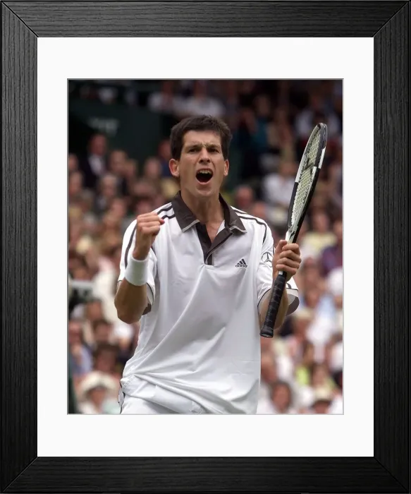 Framed Print : Tim Henman celebrates victory over Jim Courier in the fourth round mens single