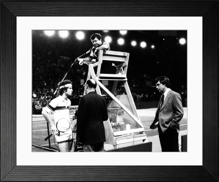 Framed Print : John McEnroe at Wembley 1979 having a discussion with the umpire