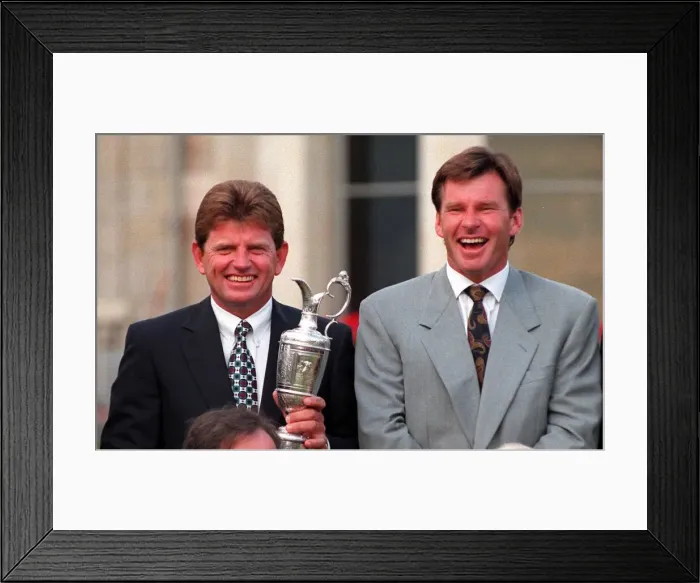 Framed Print : Nick Price holding British Open Golf championship trophy alongside Nick Faldo at St Framed Print : Nick Price holding British Open Golf championship trophy alongside Nick Faldo at St
