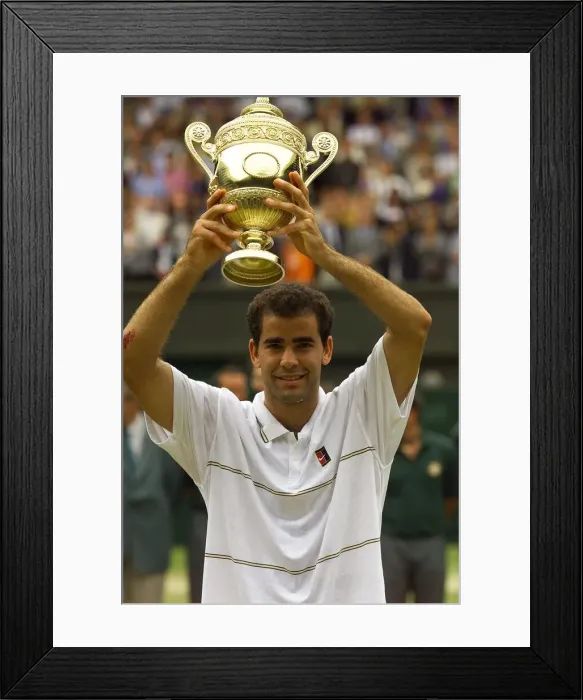 Framed Print : Pete Sampras lifts trophy after winning Wimbledon title 1999 against Andre Agassi in Framed Print : Pete Sampras lifts trophy after winning Wimbledon title 1999 against Andre Agassi in