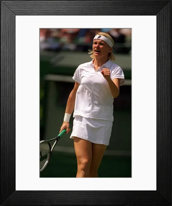Framed Print : Jana Novotna Wimbledon Tennis Championships 1999 She celebrates getting a Break point Framed Print : Jana Novotna Wimbledon Tennis Championships 1999 She celebrates getting a Break point