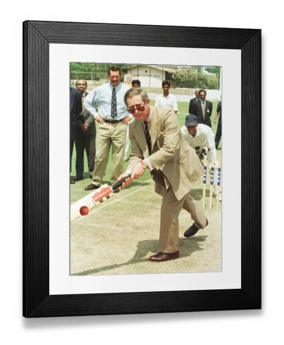 Framed Print : Prince Charles in Sri Lanka, February 1998 Playing cricket watched by Graham Gooch Framed Print : Prince Charles in Sri Lanka, February 1998 Playing cricket watched by Graham Gooch