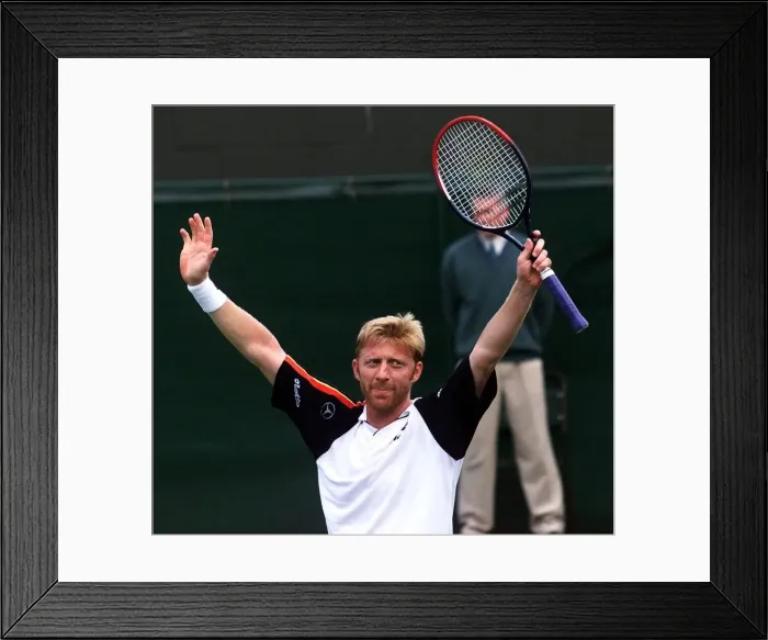 Framed Print : Boris Becker celebrates his victory over Miles Maclagan in his first round mens singles Framed Print : Boris Becker celebrates his victory over Miles Maclagan in his first round mens singles