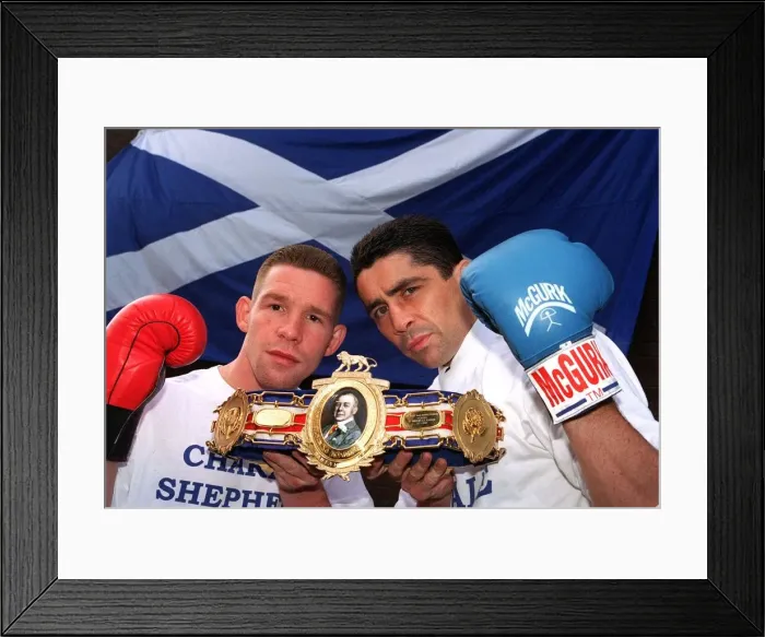 Framed Print : Boxers Charlie Shephard and Davy Mchale August 1997 with Lonsdale Belt