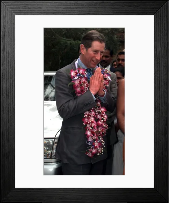 Framed Print : Prince Charles hands together as he arrives in Colombo in Sri Lanka in February 1998 Framed Print : Prince Charles hands together as he arrives in Colombo in Sri Lanka in February 1998