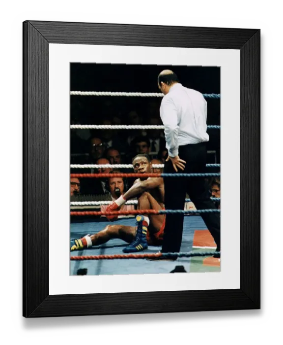 Framed Print : Chris Eubank boxer sitting exhausted in boxing ring as referee stand over him Framed Print : Chris Eubank boxer sitting exhausted in boxing ring as referee stand over him
