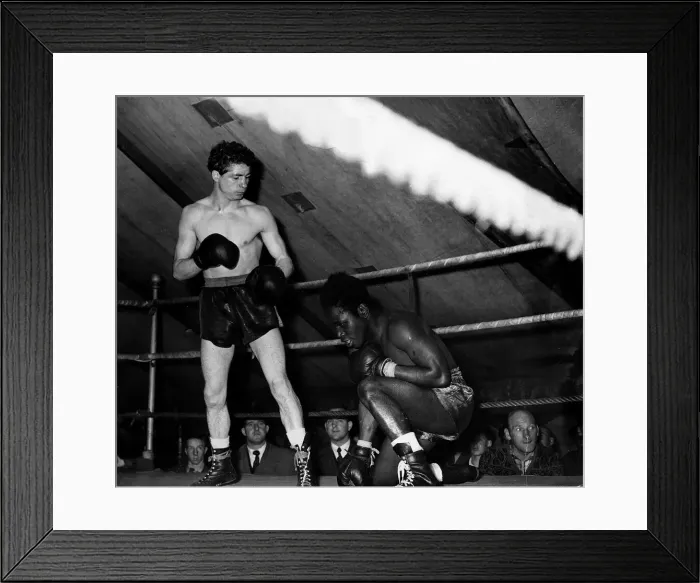 Framed Print : Peter Keenan standing in ring next to fallen opponent. Circa 1956
