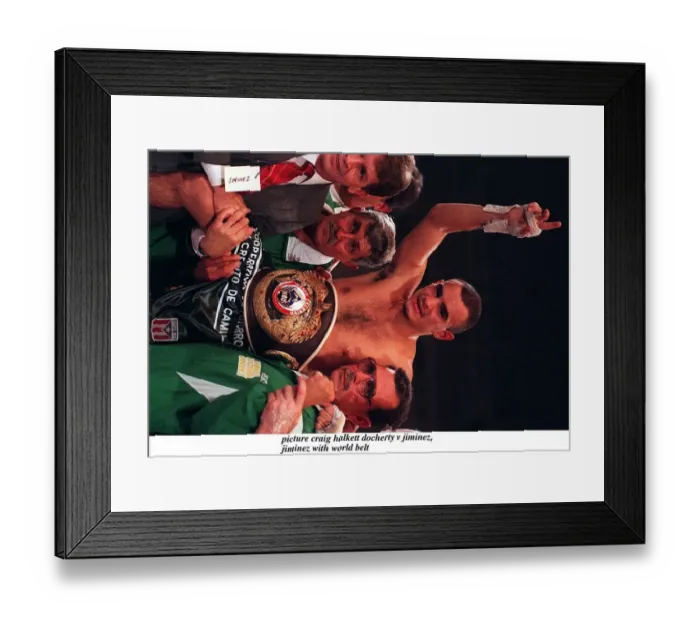 Framed Print : Daniel Jiminez with world belt and corner men trainers after holding on to WBO boxing Framed Print : Daniel Jiminez with world belt and corner men trainers after holding on to WBO boxing