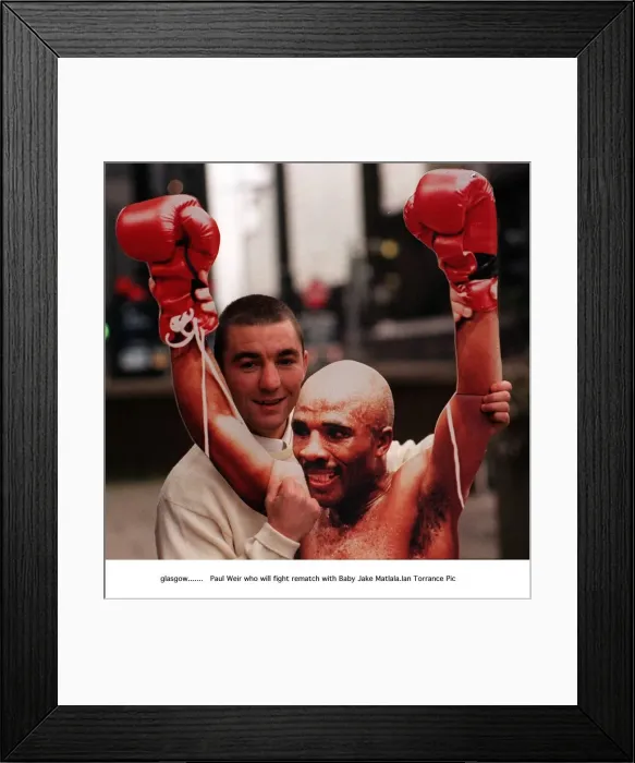 Framed Print : Paul Weir holds cardboard cut out Baby Jake Matlala who he will fight in rematch WBO Framed Print : Paul Weir holds cardboard cut out Baby Jake Matlala who he will fight in rematch WBO