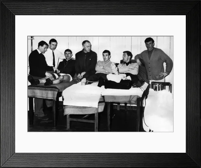 Framed Print : Treatment Room at Anfield March 1966. Liverpool Football Team L to R
