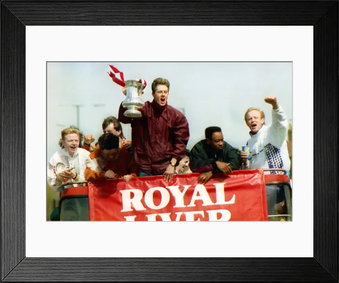 Framed Print : Steve McManaman and Liverpool players on top of bus return to Liverpool after winning Framed Print : Steve McManaman and Liverpool players on top of bus return to Liverpool after winning