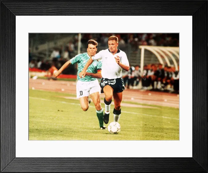 Framed Print : Paul Gascoigne battles with Lothar Matthaus in the game between England and Germany Framed Print : Paul Gascoigne battles with Lothar Matthaus in the game between England and Germany