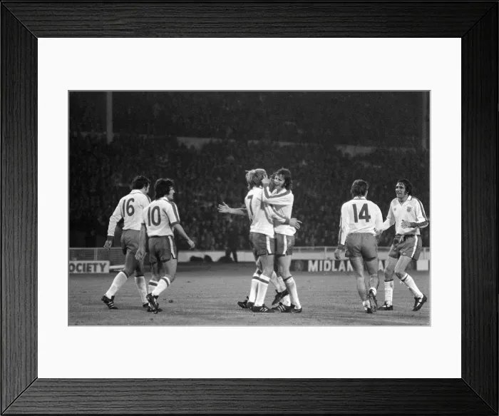 Framed Print : Mick Channon celebrates after scoring October 1974 for England v Framed Print : Mick Channon celebrates after scoring October 1974 for England v