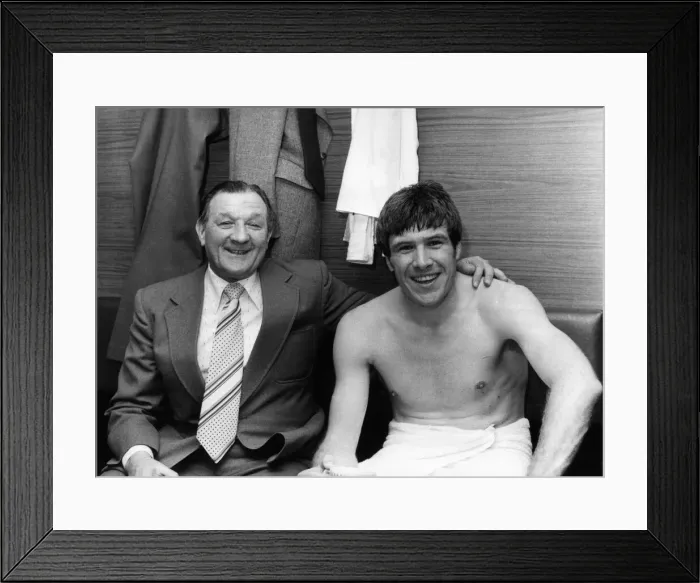 Framed Print : Manager Bob Paisley and Captain Emlyn Hughes celebrate after securing Liverpool Framed Print : Manager Bob Paisley and Captain Emlyn Hughes celebrate after securing Liverpool