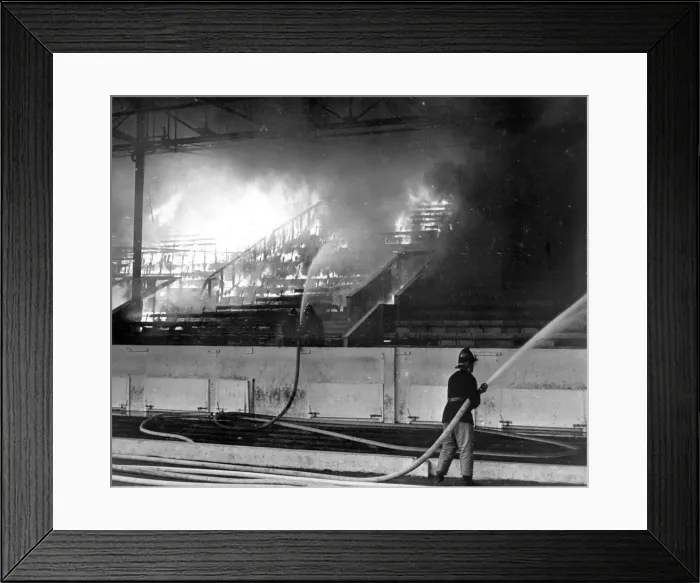 Framed Print : Firemen tackle a blaze at Coventry City Football Stadium, Highfield Road Framed Print : Firemen tackle a blaze at Coventry City Football Stadium, Highfield Road